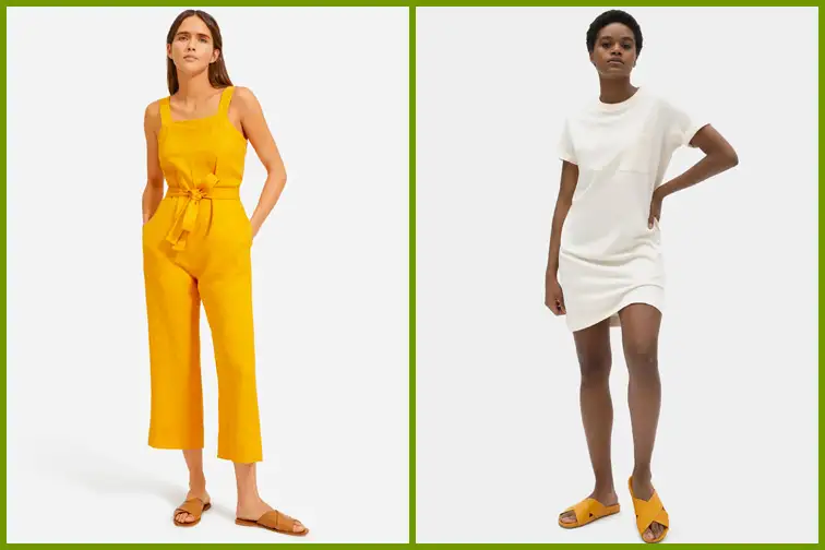 Two models wearing outfits from Everlane